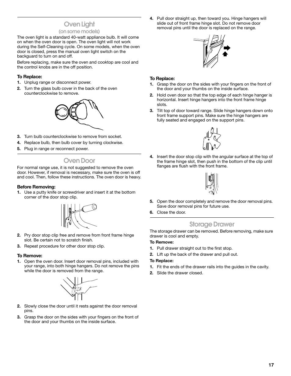 Oven light, Oven door, Storage drawer | Roper 9761805 User Manual | Page 17 / 20