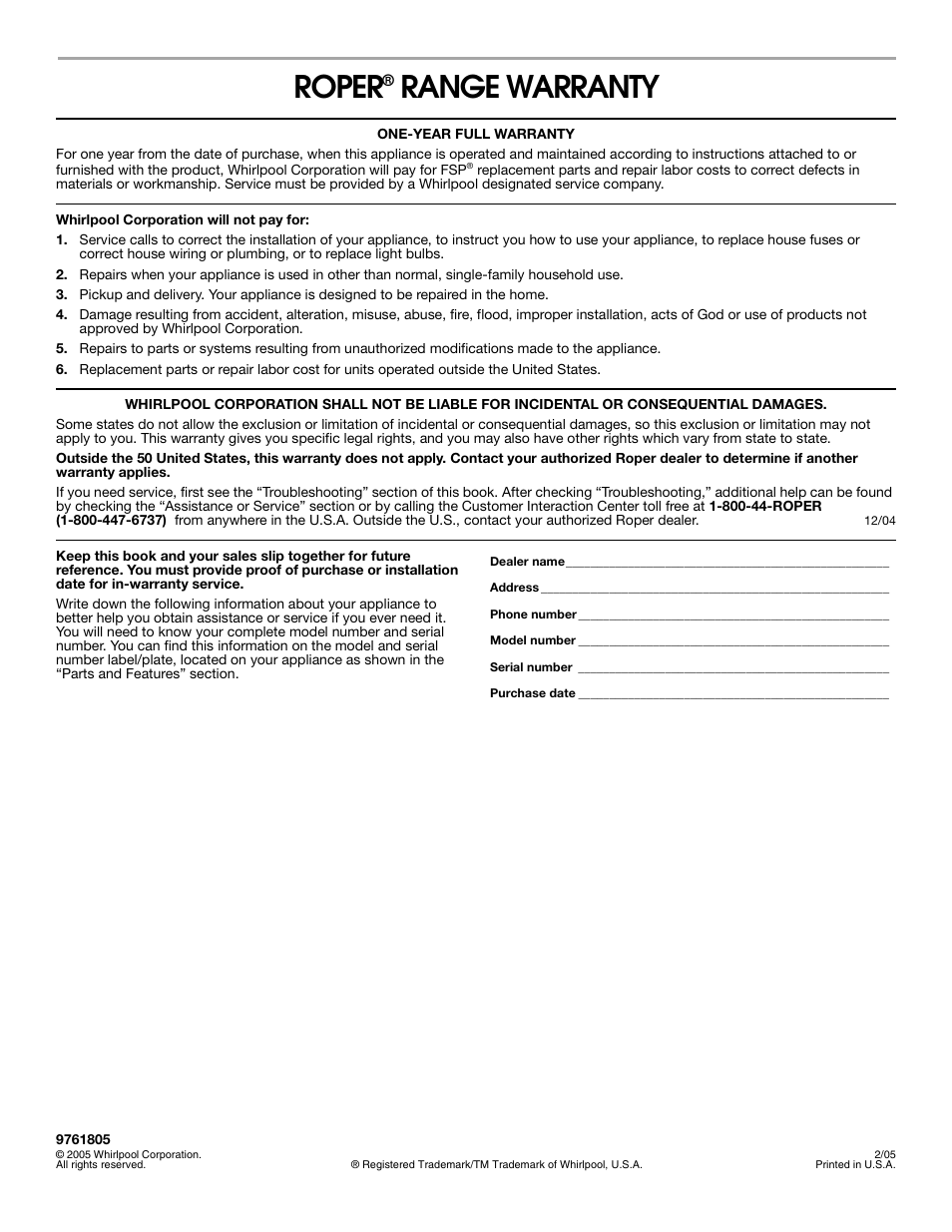 Roper, Range warranty | Roper 9761805 User Manual | Page 20 / 20