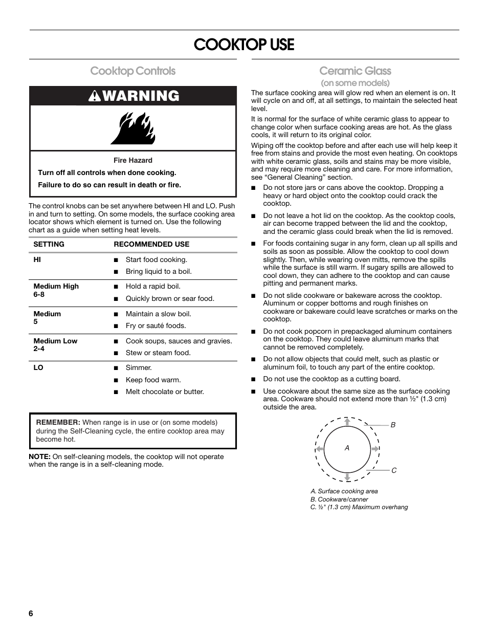 Cooktop use, Warning, Cooktop controls | Ceramic glass, On some models) | Roper 9761805 User Manual | Page 6 / 20