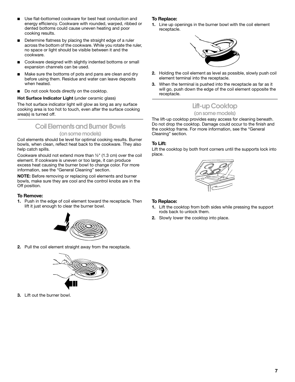 Coil elements and burner bowls, Lift-up cooktop | Roper 9761805 User Manual | Page 7 / 20
