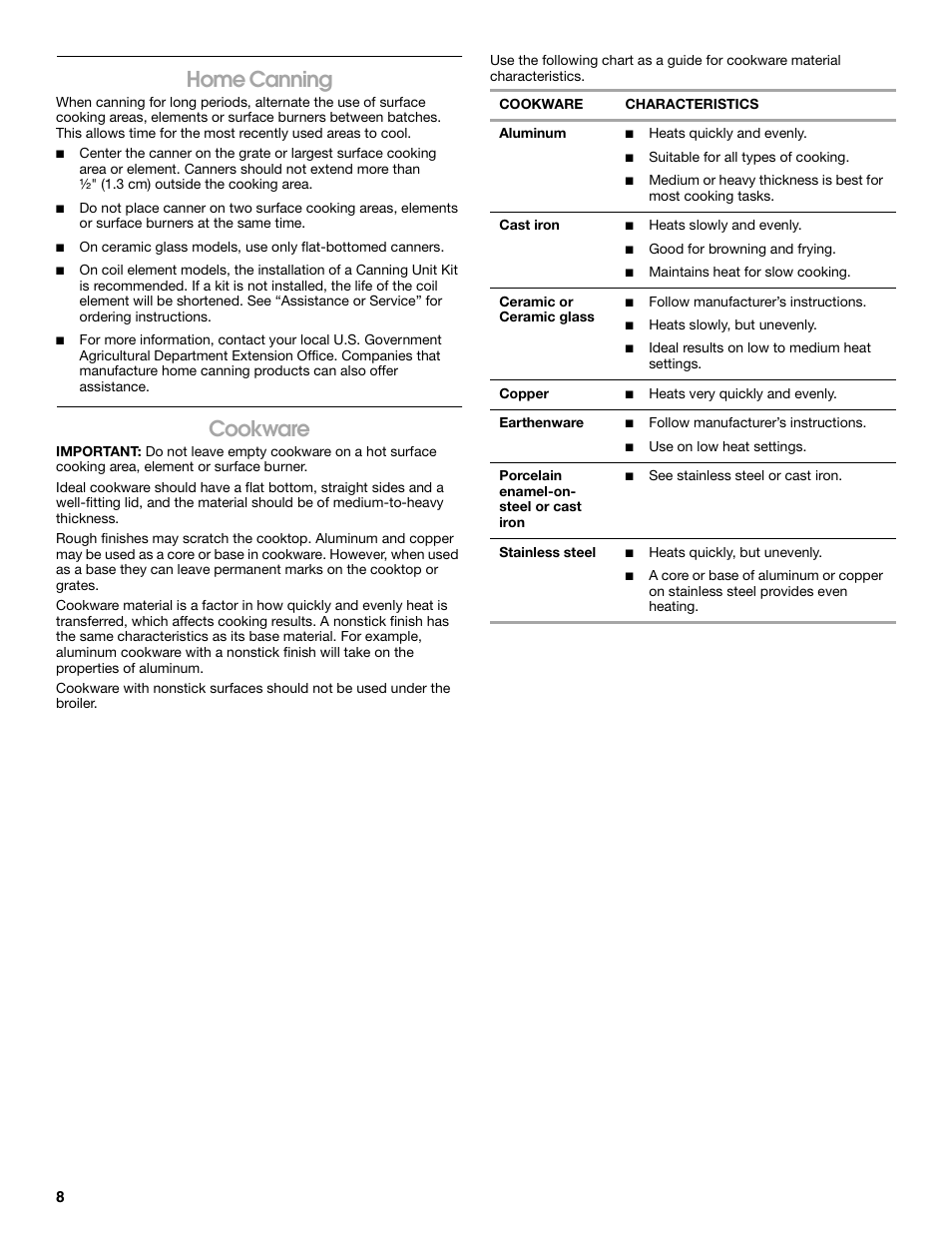 Home canning, Cookware | Roper 9761805 User Manual | Page 8 / 20