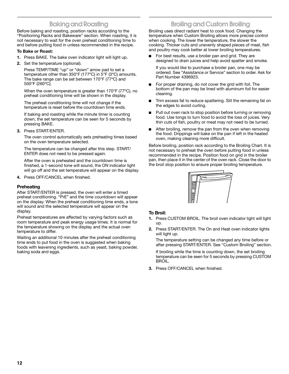 Baking and roasting, Broiling and custom broiling | Roper W10017690 User Manual | Page 12 / 20