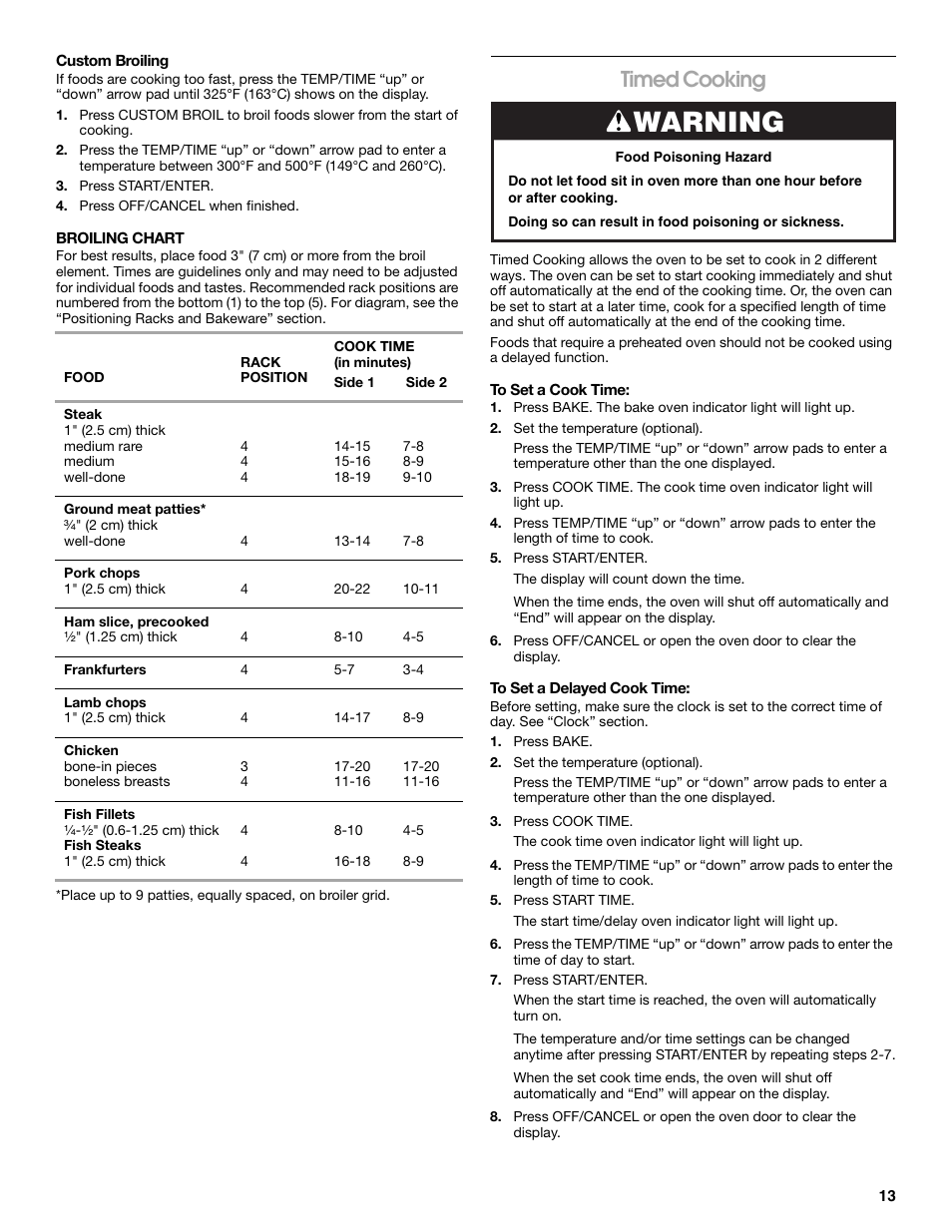 Warning, Timed cooking | Roper W10017690 User Manual | Page 13 / 20