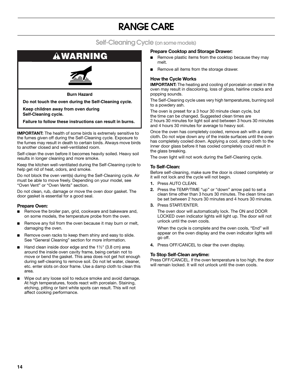 Range care, Warning, Self-cleaning cycle | Roper W10017690 User Manual | Page 14 / 20