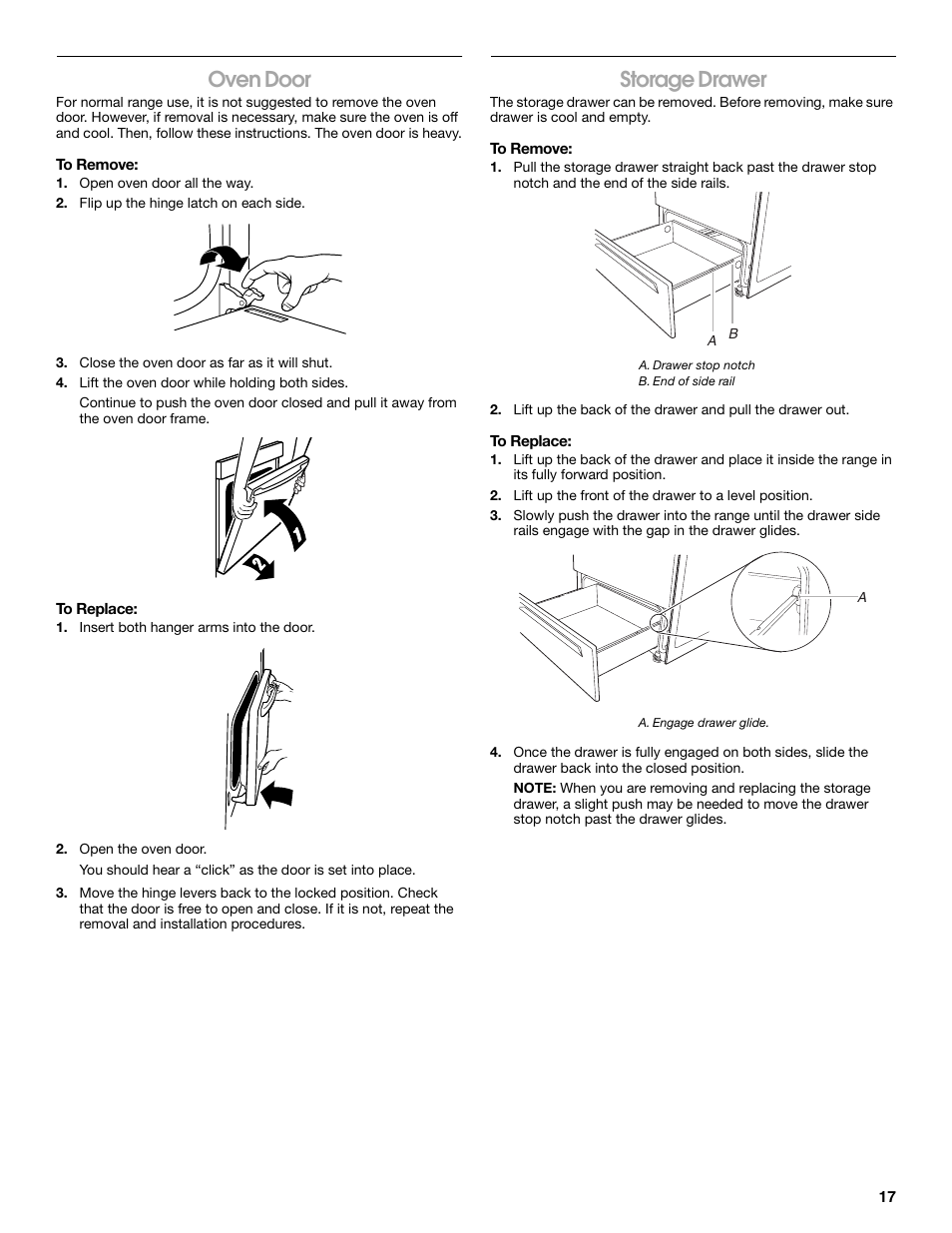 Oven door, Storage drawer | Roper W10017690 User Manual | Page 17 / 20