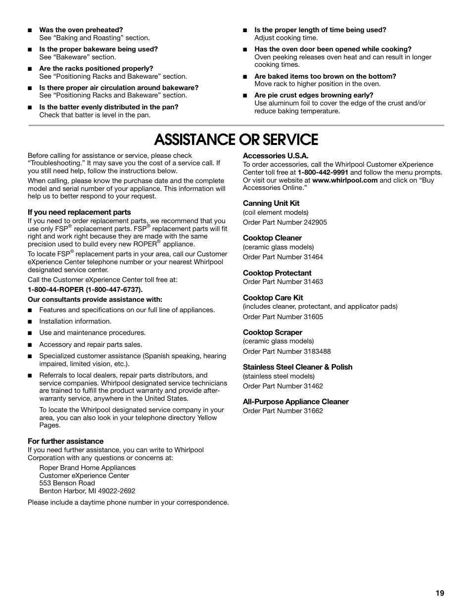 Assistance or service | Roper W10017690 User Manual | Page 19 / 20