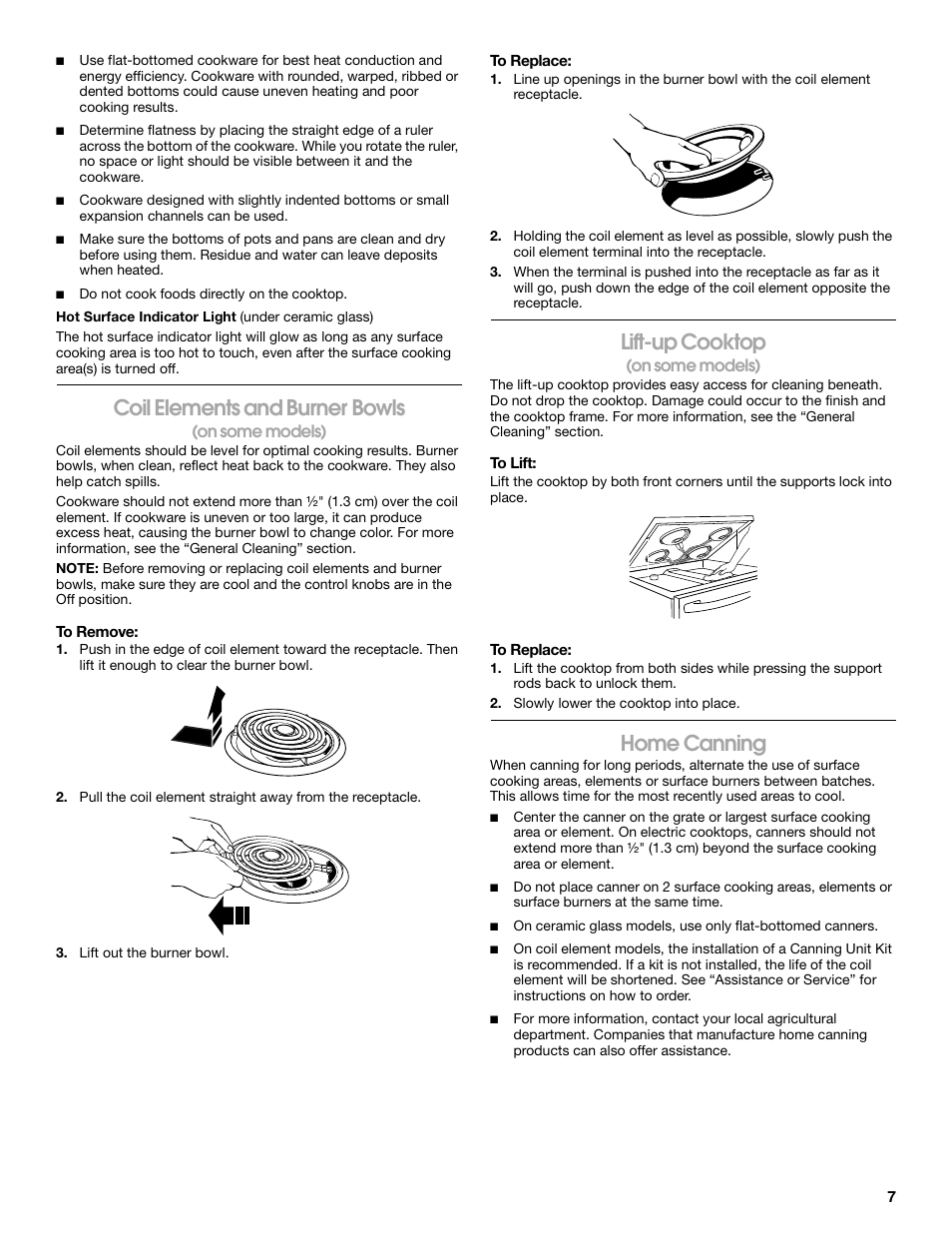 Coil elements and burner bowls, Lift-up cooktop, Home canning | Roper W10017690 User Manual | Page 7 / 20