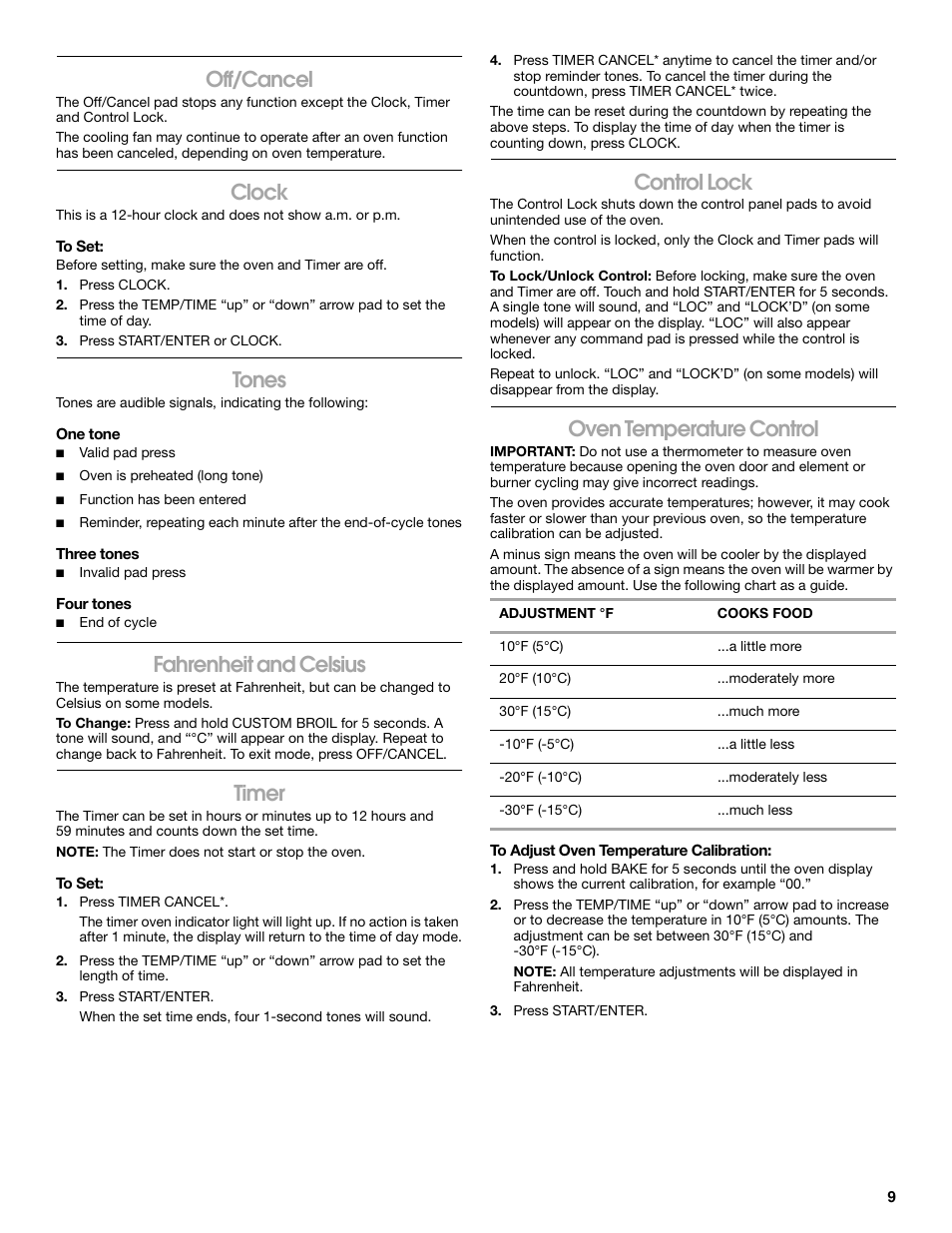 Off/cancel, Clock, Tones | Fahrenheit and celsius, Timer, Control lock, Oven temperature control | Roper W10017690 User Manual | Page 9 / 20