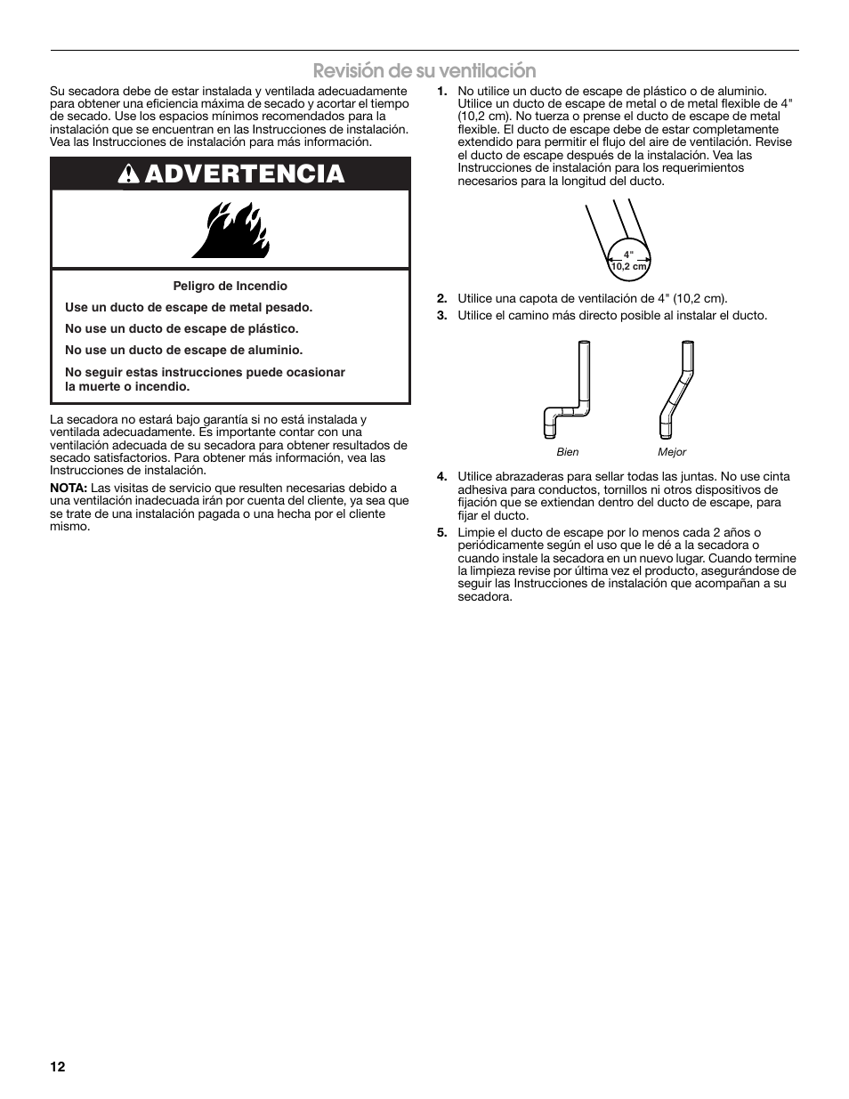 Advertencia, Revisión de su ventilación | Roper Clothes Dryer User Manual | Page 12 / 28