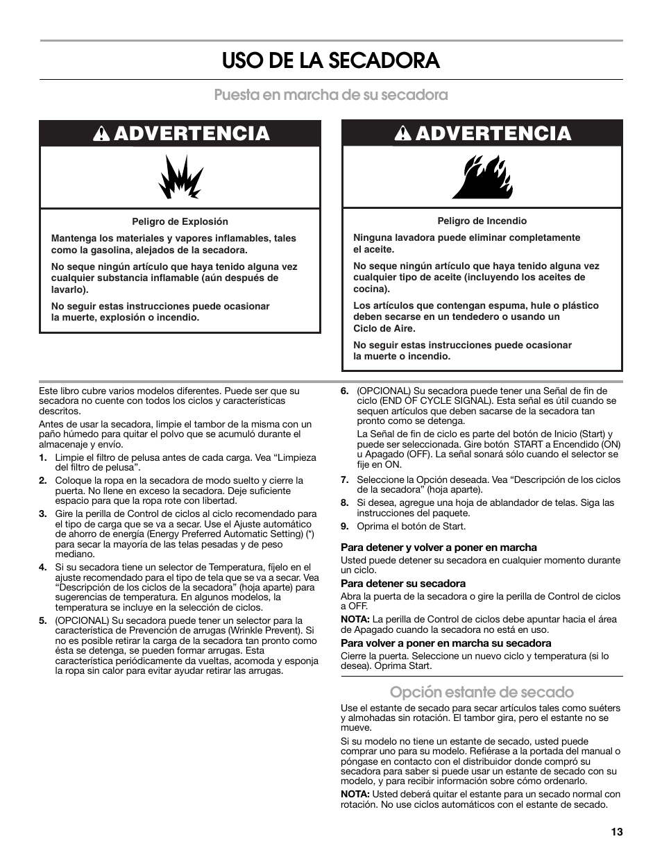 Uso de la secadora, Advertencia, Puesta en marcha de su secadora | Opción estante de secado | Roper Clothes Dryer User Manual | Page 13 / 28