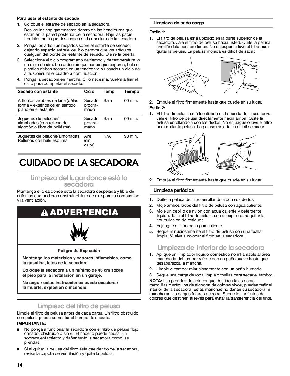 Cuidado de la secadora, Advertencia, Limpieza del lugar donde está la secadora | Limpieza del filtro de pelusa, Limpieza del interior de la secadora | Roper Clothes Dryer User Manual | Page 14 / 28