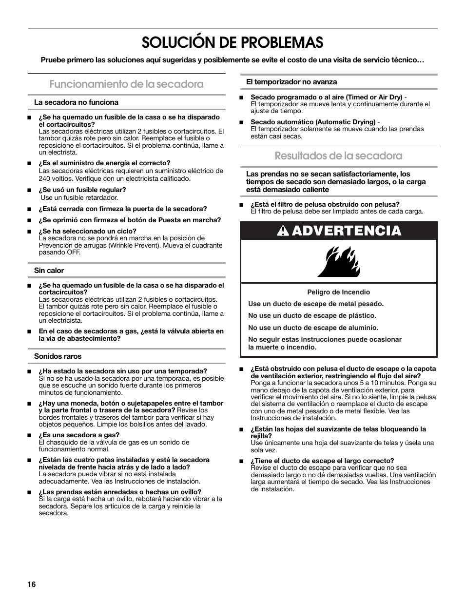 Solución de problemas, Advertencia, Funcionamiento de la secadora | Resultados de la secadora | Roper Clothes Dryer User Manual | Page 16 / 28