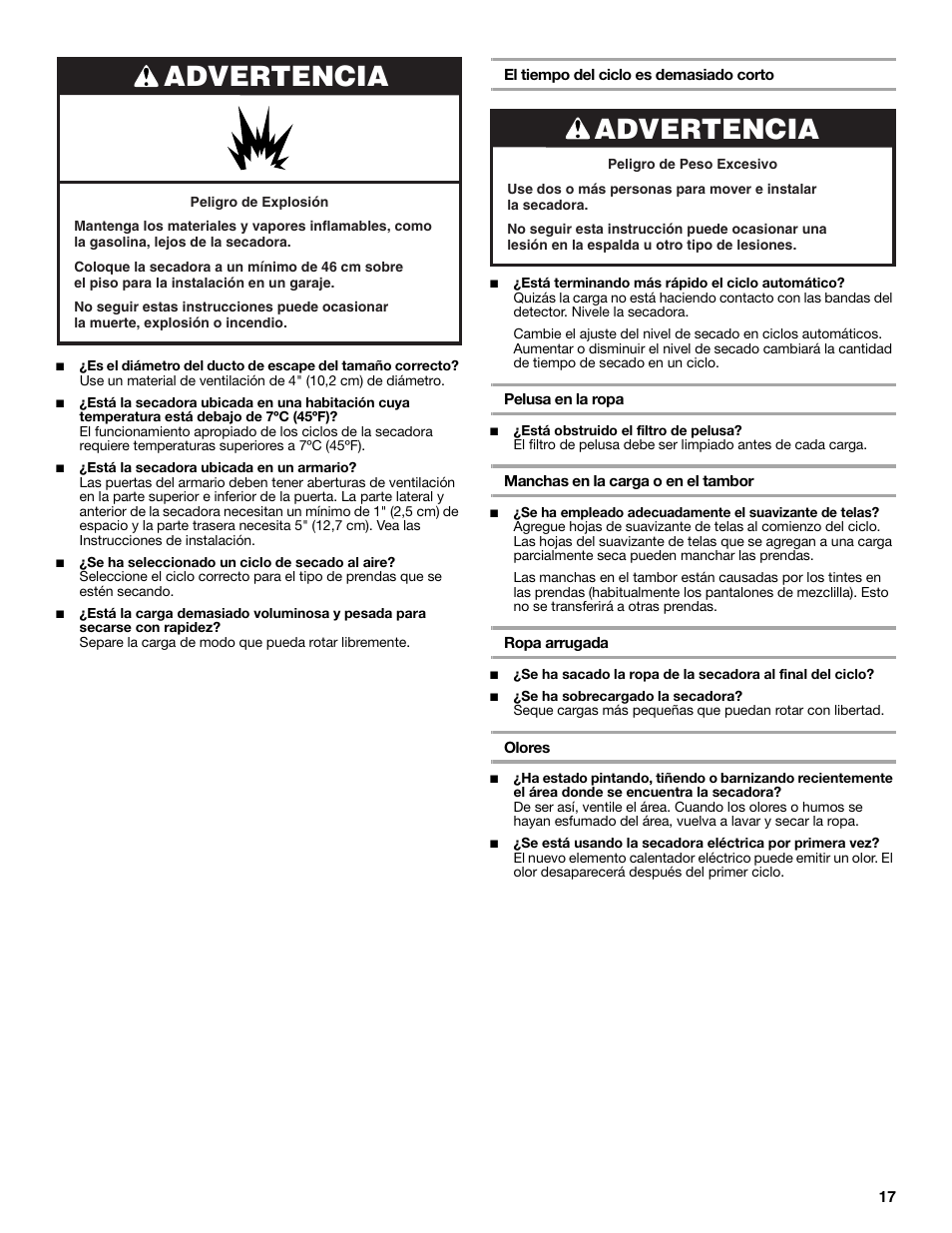 Advertencia | Roper Clothes Dryer User Manual | Page 17 / 28