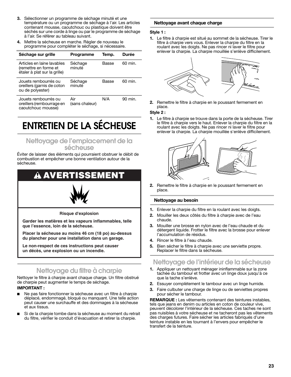 Entretien de la sécheuse, Avertissement, Nettoyage de l’emplacement de la sécheuse | Nettoyage du filtre à charpie, Nettoyage de l’intérieur de la sécheuse | Roper Clothes Dryer User Manual | Page 23 / 28