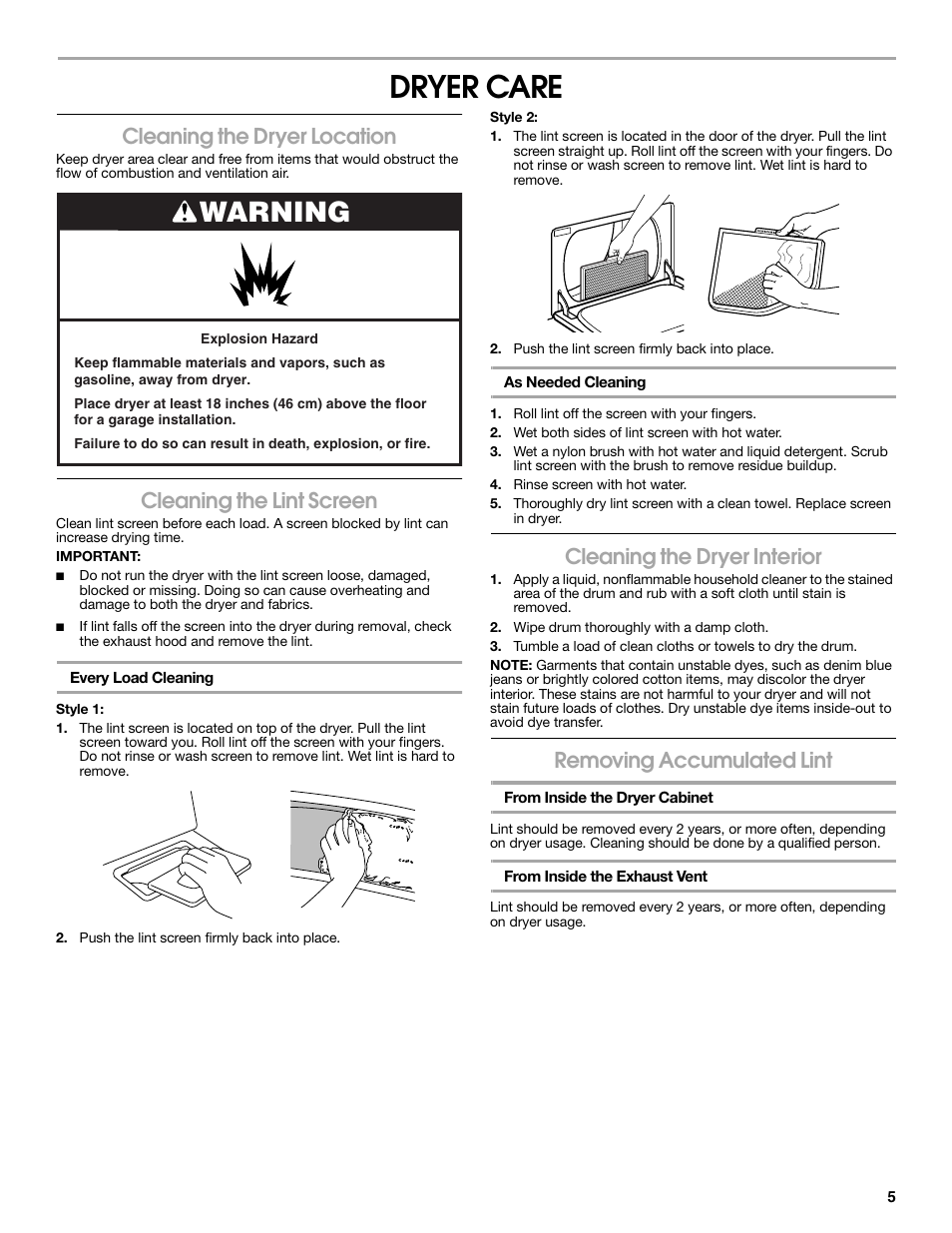 Dryer care, Warning, Cleaning the dryer location | Cleaning the lint screen, Cleaning the dryer interior, Removing accumulated lint | Roper Clothes Dryer User Manual | Page 5 / 28