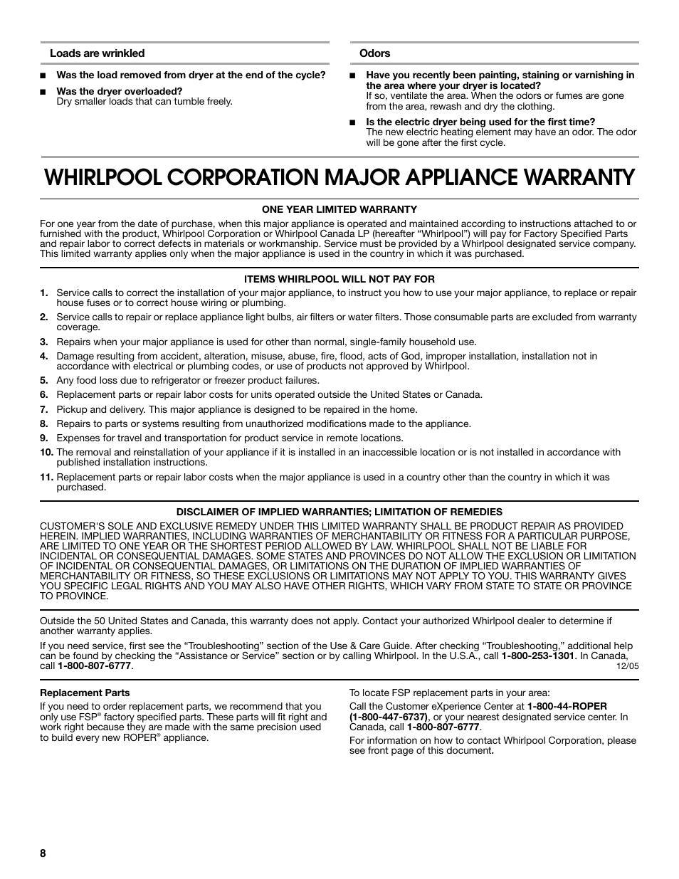 Whirlpool corporation major appliance warranty | Roper Clothes Dryer User Manual | Page 8 / 28