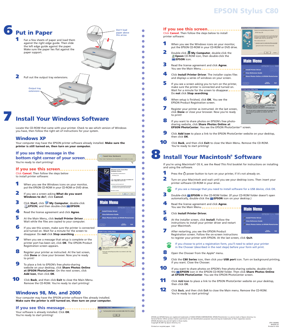 Epson stylus c80, Install your macintosh, Software | Put in paper, Install your windows software | Roper Epson Stylus C80 User Manual | Page 2 / 2