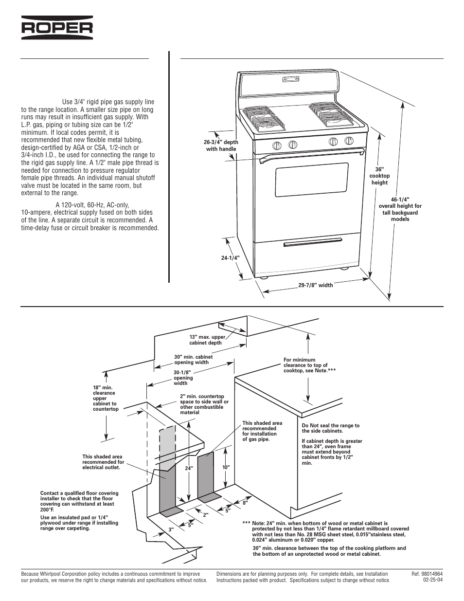Roper FGP305K User Manual | 1 page