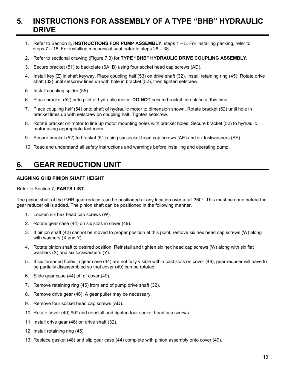 Aligning ghb pinion shaft height, Gear reduction unit | Roper G12-436 User Manual | Page 13 / 27