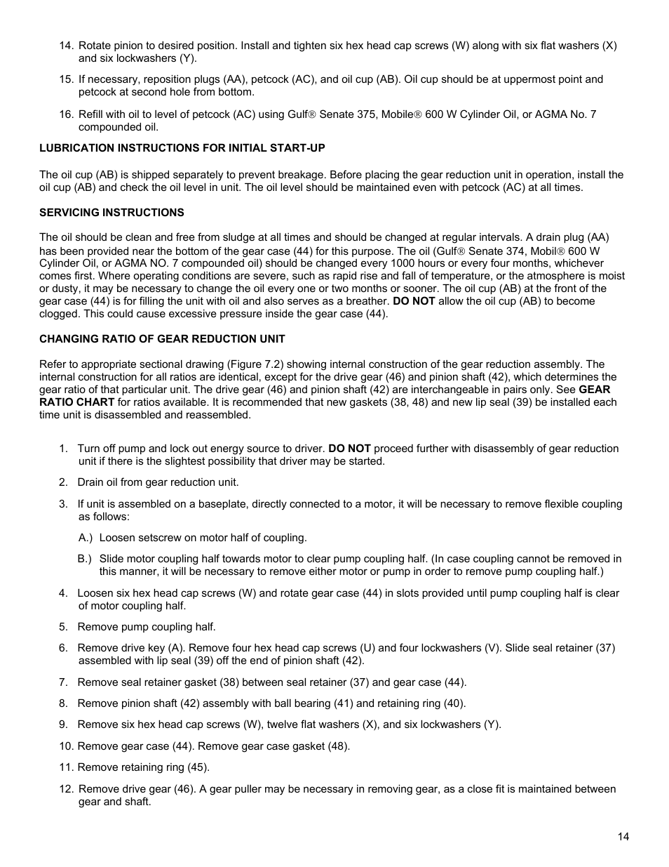 Lubrication instructions for initial start-up, Servicing instructions, Changing ratio of gear reduction unit | Roper G12-436 User Manual | Page 14 / 27