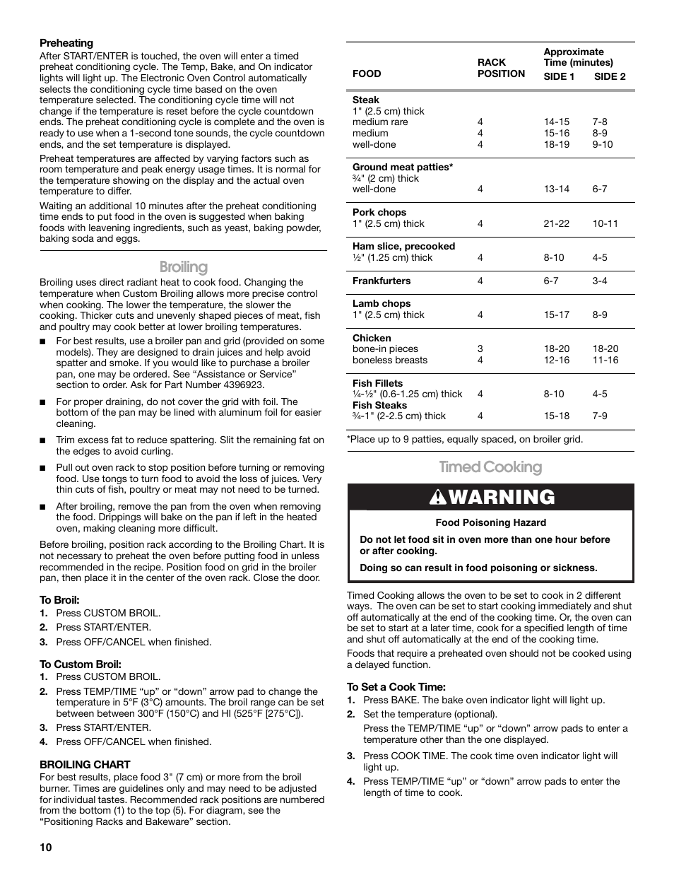 Warning, Broiling, Timed cooking | Roper W10017530 User Manual | Page 10 / 16