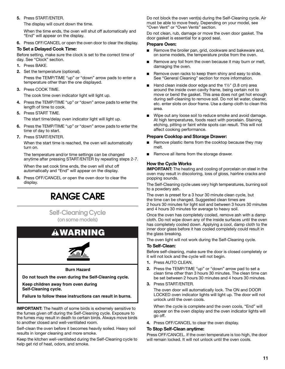 Range care, Warning, Self-cleaning cycle | Roper W10017530 User Manual | Page 11 / 16