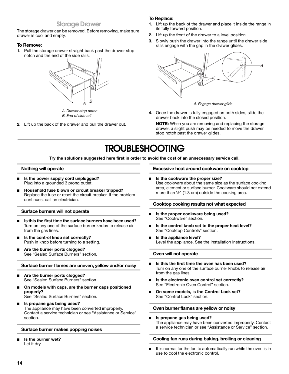 Troubleshooting, Storage drawer | Roper W10017530 User Manual | Page 14 / 16