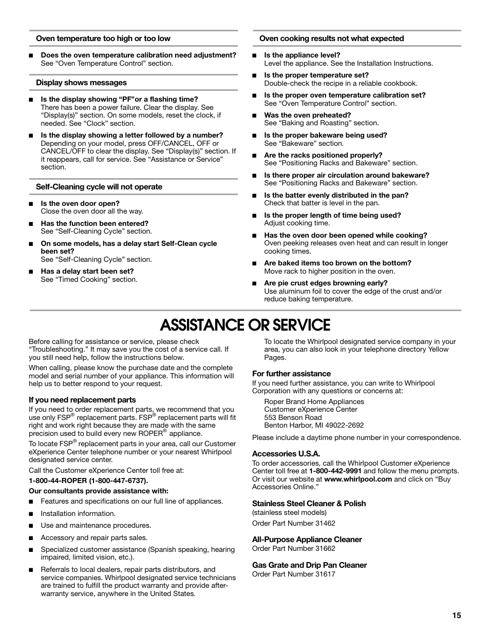 Assistance or service | Roper W10017530 User Manual | Page 15 / 16