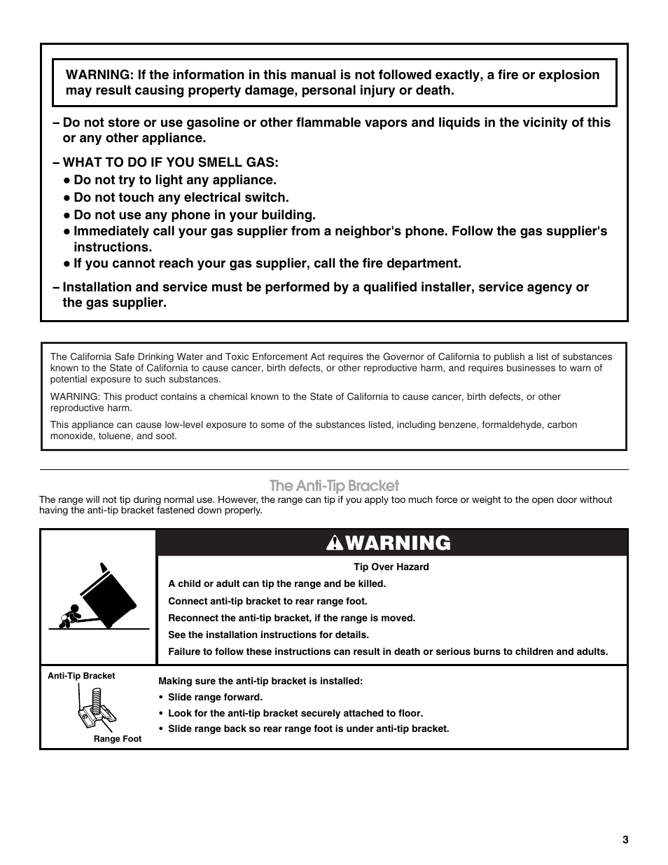 Warning, The anti-tip bracket | Roper W10017530 User Manual | Page 3 / 16