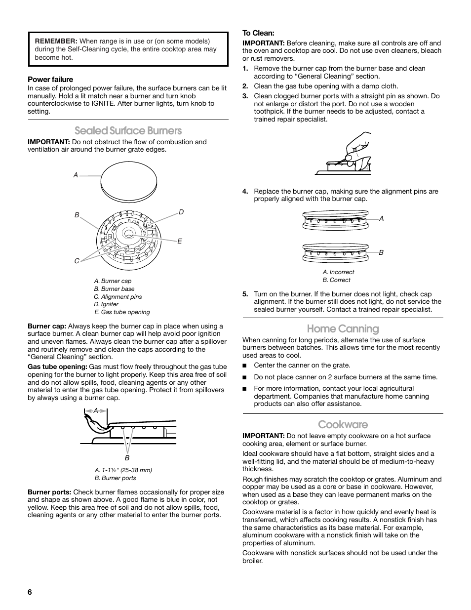 Sealed surface burners, Home canning, Cookware | Roper W10017530 User Manual | Page 6 / 16