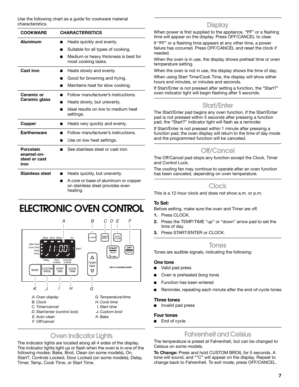 Electronic oven control, Oven indicator lights, Display | Start/enter, Off/cancel, Clock, Tones, Fahrenheit and celsius | Roper W10017530 User Manual | Page 7 / 16