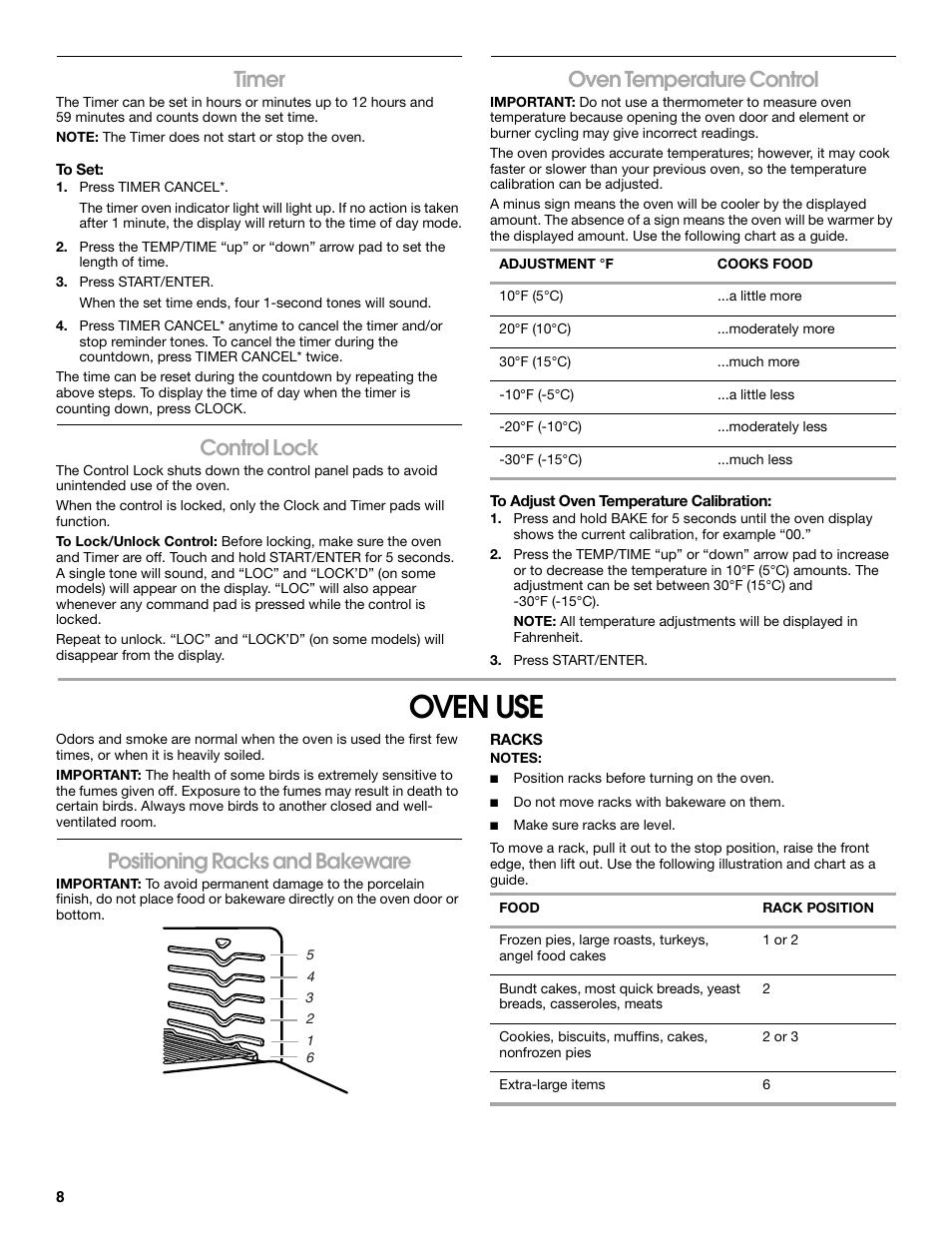 Oven use, Timer, Control lock | Oven temperature control, Positioning racks and bakeware | Roper W10017530 User Manual | Page 8 / 16