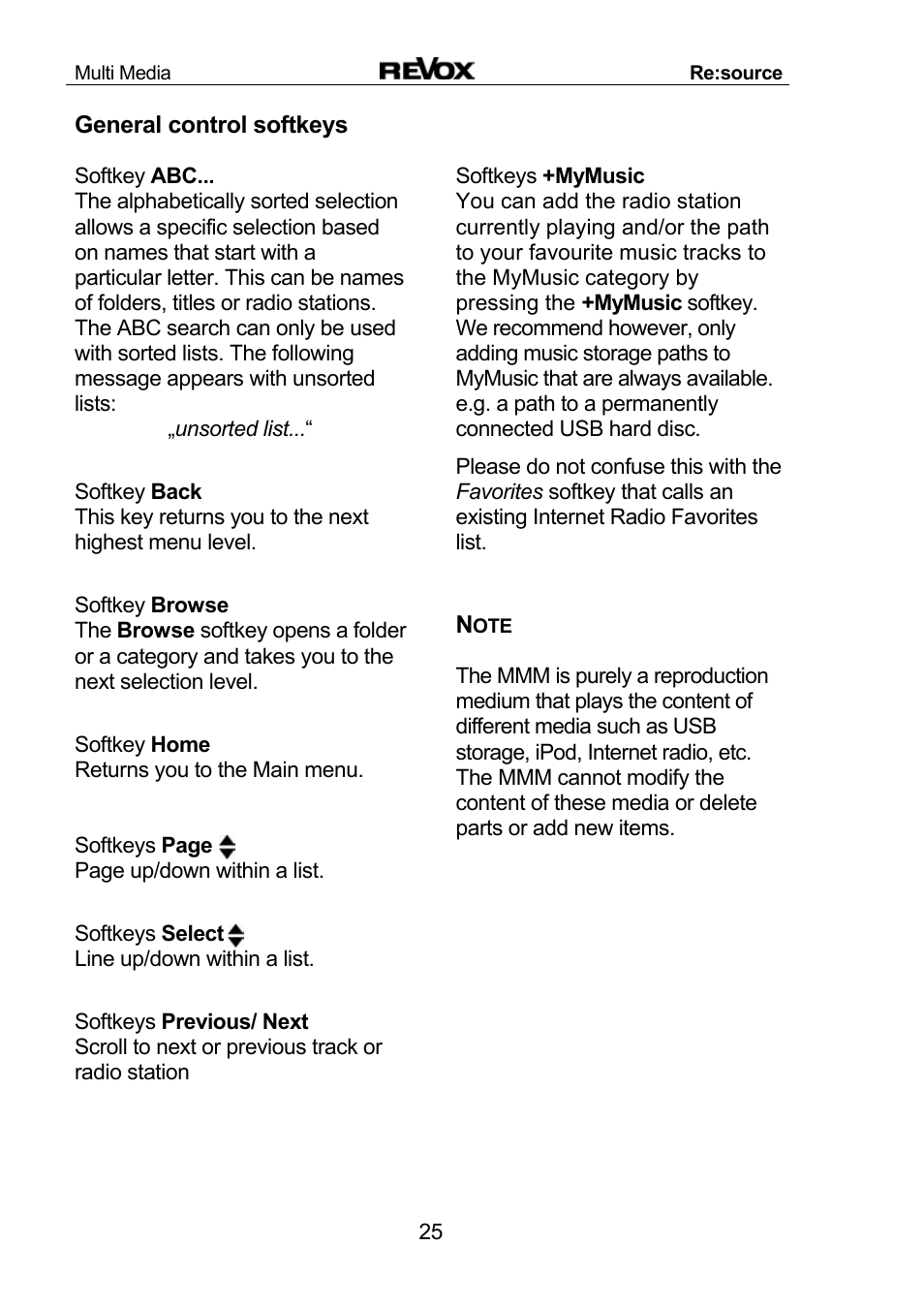 General control softkeys | Revox Re:source MMM User Manual | Page 26 / 46