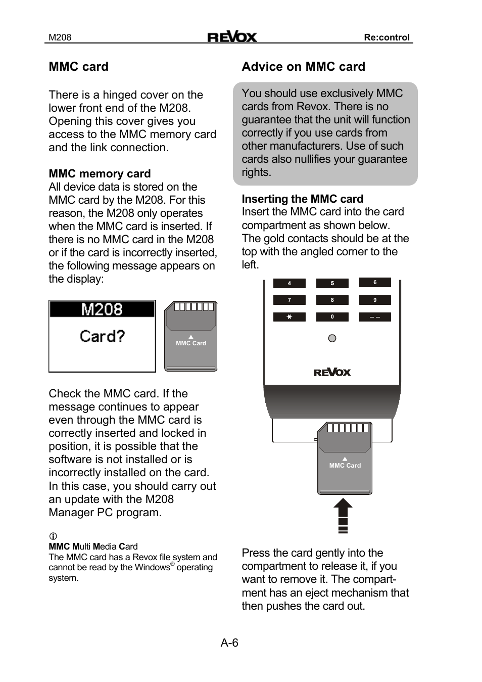 Mmc card, Advice on mmc card | Revox M208 User Manual | Page 6 / 44
