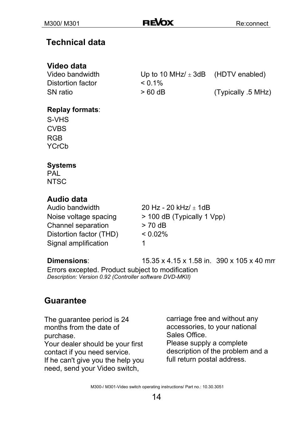 Technical data, Guarantee | Revox M300 User Manual | Page 15 / 15