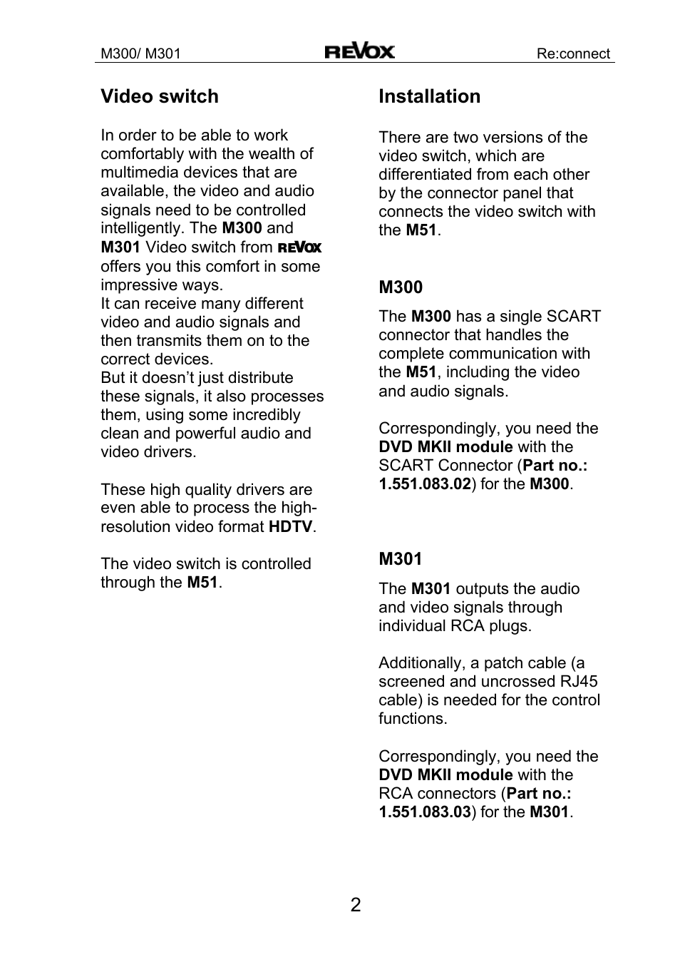 2 video switch, Installation | Revox M300 User Manual | Page 3 / 15