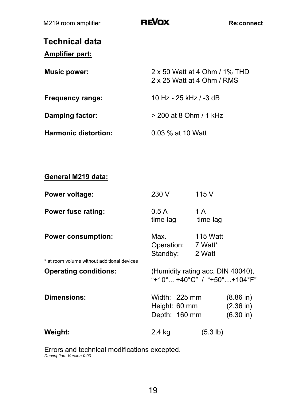 19 technical data | Revox M 219 User Manual | Page 20 / 21
