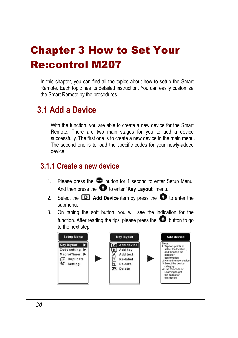 Chapter 3 how to set your re:control m207, 1 add a device, 1 create a new device | Revox Recontrol M207 User Manual | Page 23 / 76