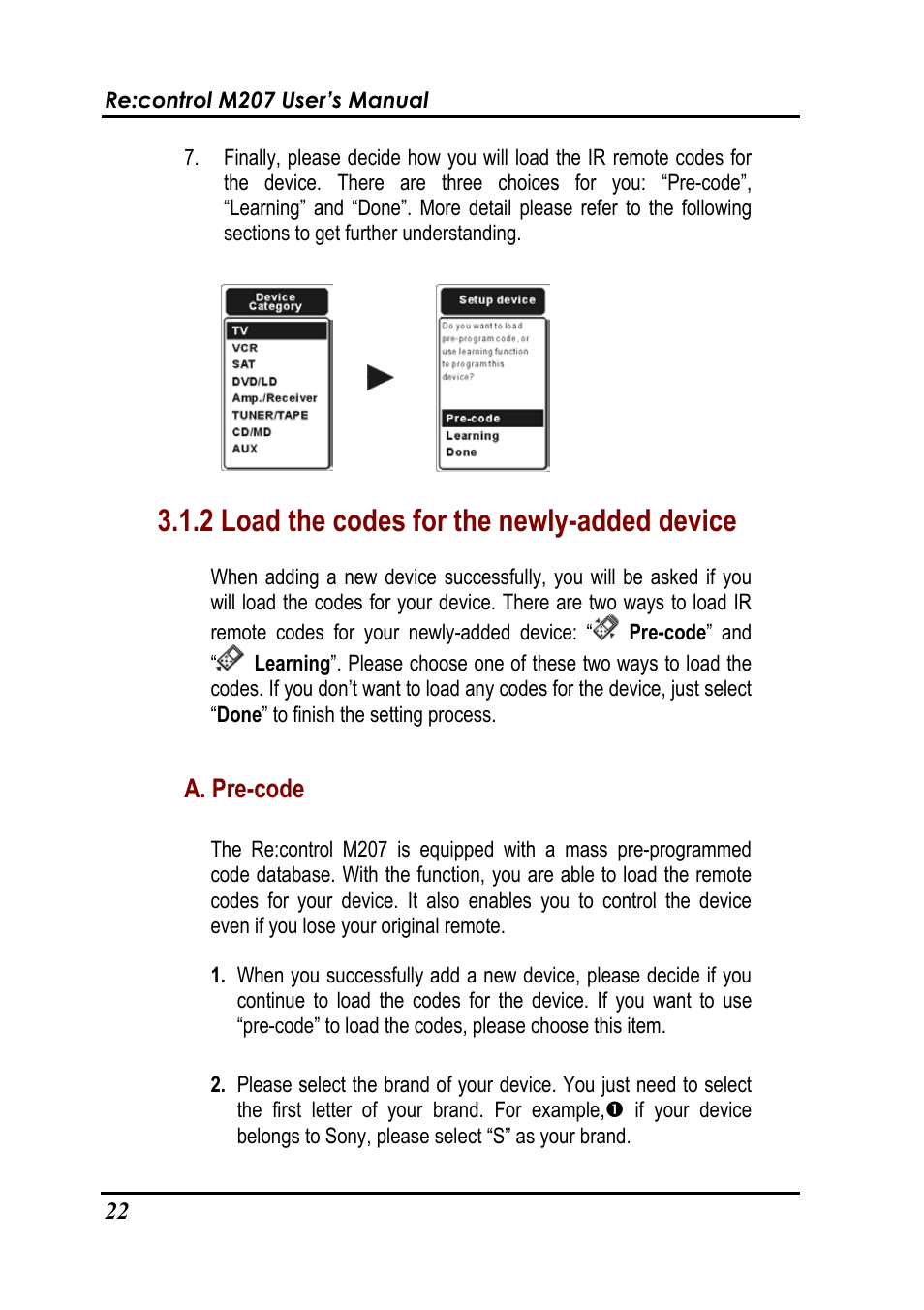 2 load the codes for the newly-added device, A. pre-code | Revox Recontrol M207 User Manual | Page 25 / 76