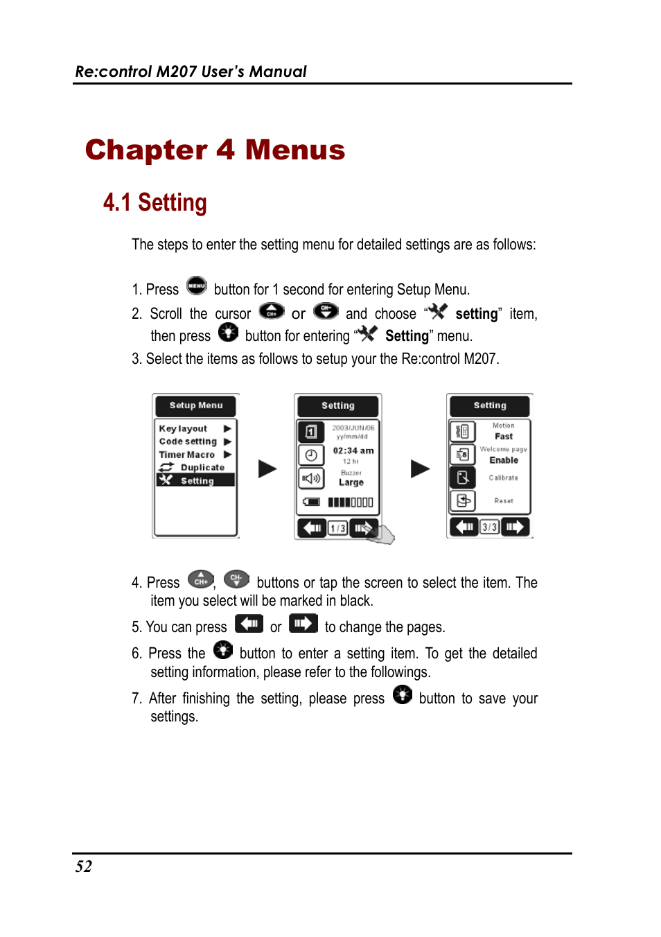 Chapter 4 menus, 1 setting | Revox Recontrol M207 User Manual | Page 55 / 76