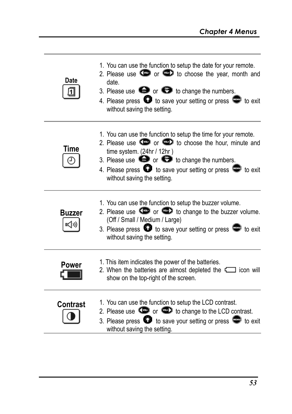 Time, Buzzer, Power | Contrast | Revox Recontrol M207 User Manual | Page 56 / 76