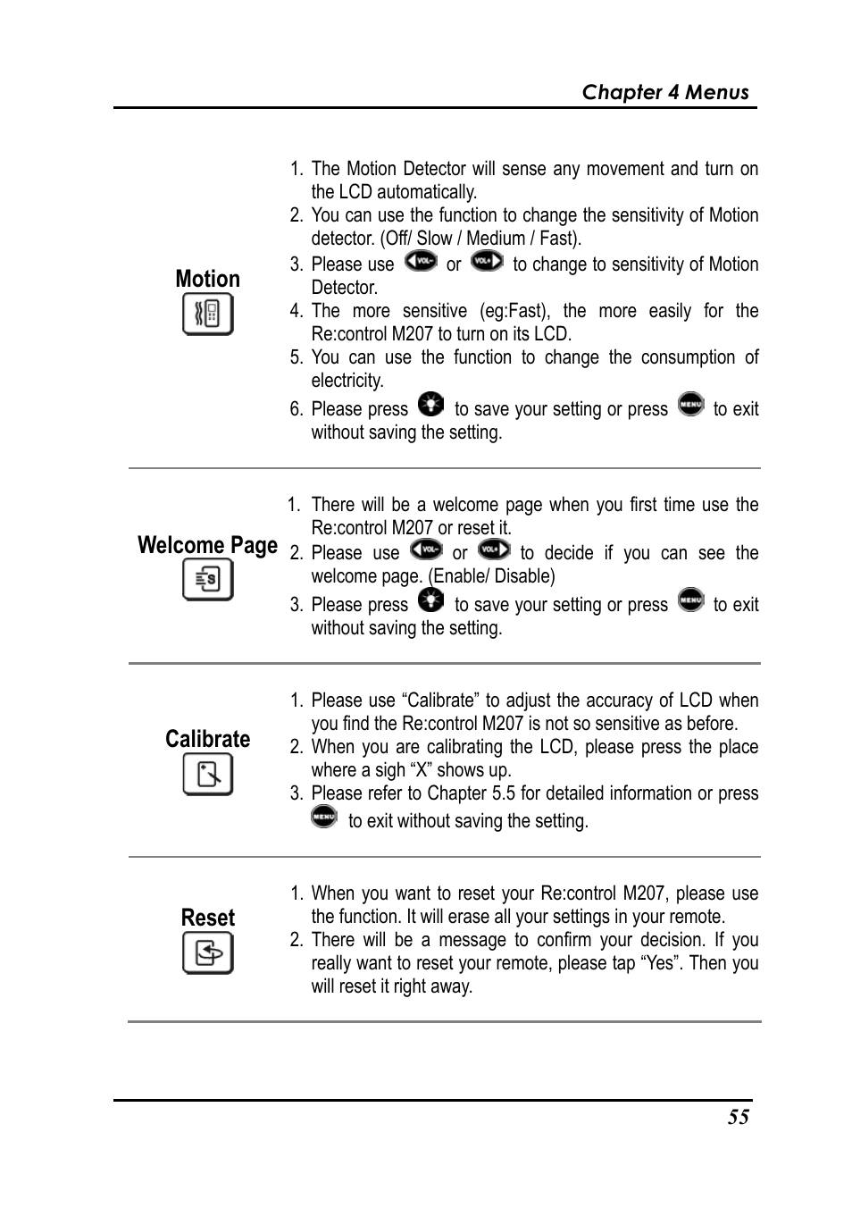 Motion, Welcome page, Calibrate | Reset | Revox Recontrol M207 User Manual | Page 58 / 76