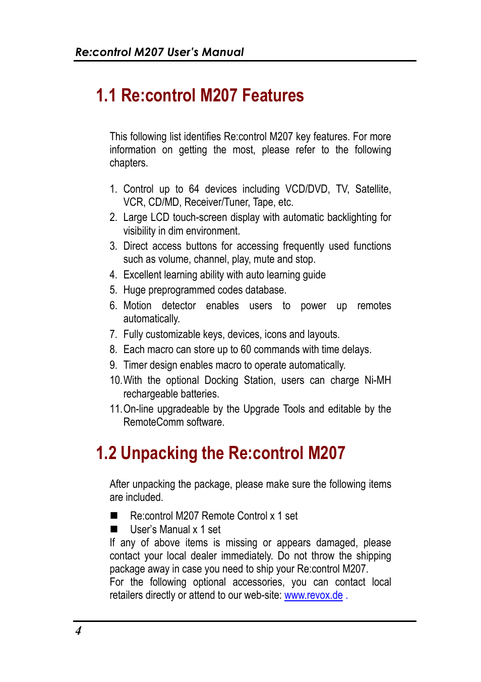 1 re:control m207 features, 2 unpacking the re:control m207 | Revox Recontrol M207 User Manual | Page 7 / 76
