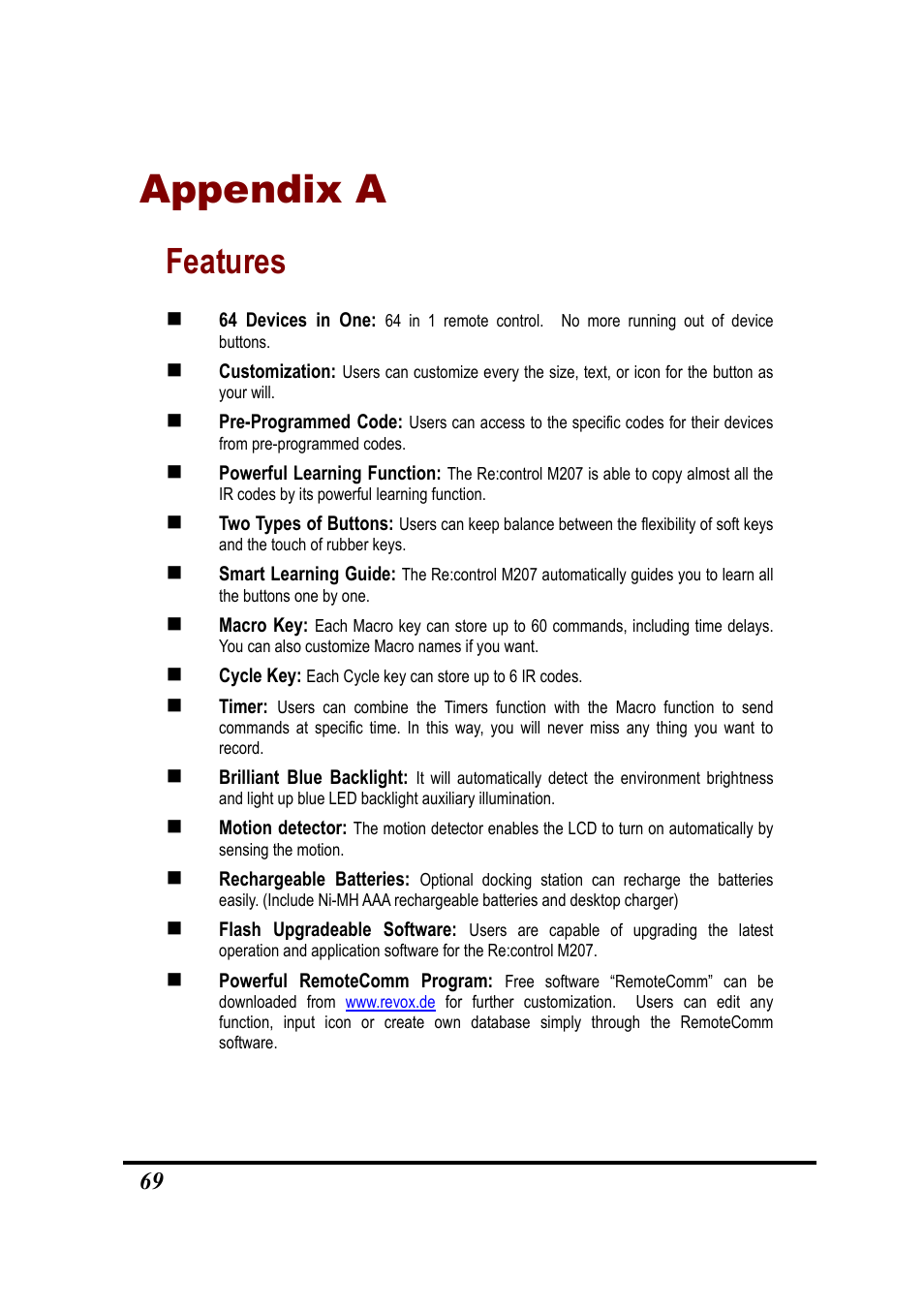 Appendix a, Features | Revox Recontrol M207 User Manual | Page 72 / 76