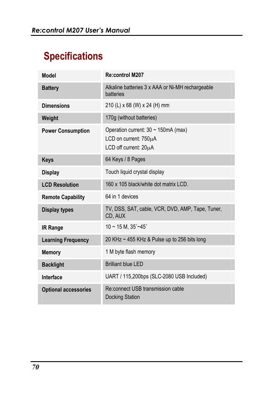 Specifications | Revox Recontrol M207 User Manual | Page 73 / 76