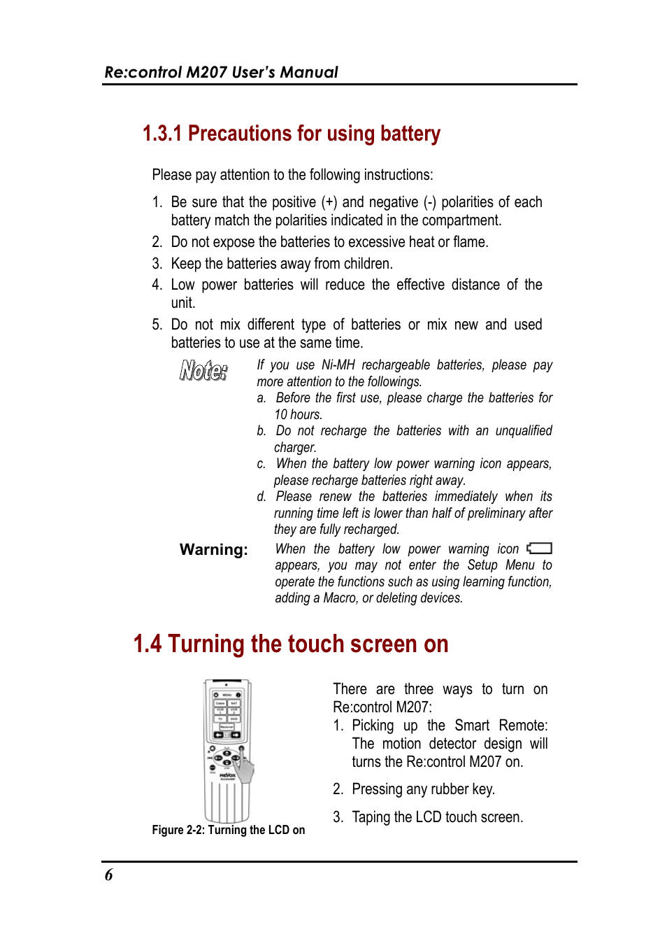 4 turning the touch screen on, 1 precautions for using battery | Revox Recontrol M207 User Manual | Page 9 / 76