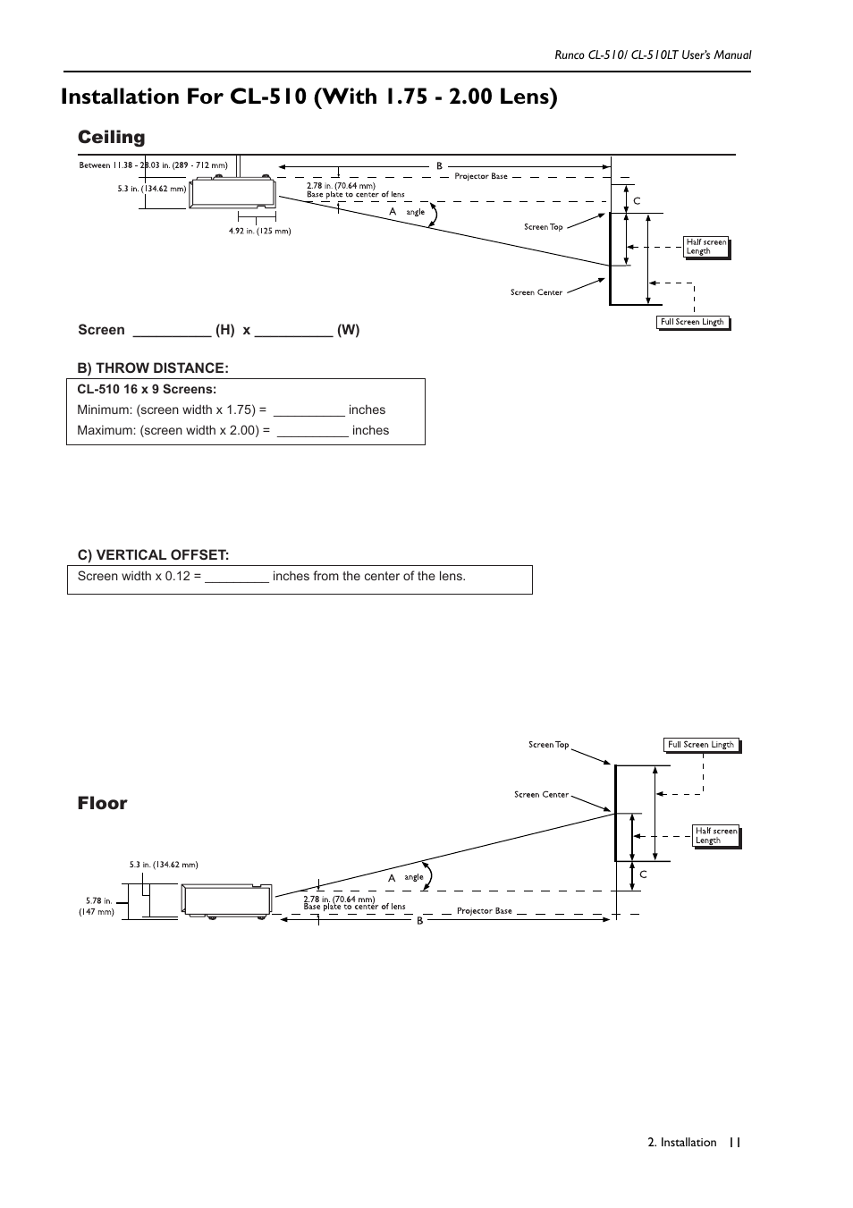 Installation for cl-510 (with 1.75 - 2.00 lens), Ceiling floor | Runco CL-510LT User Manual | Page 14 / 36