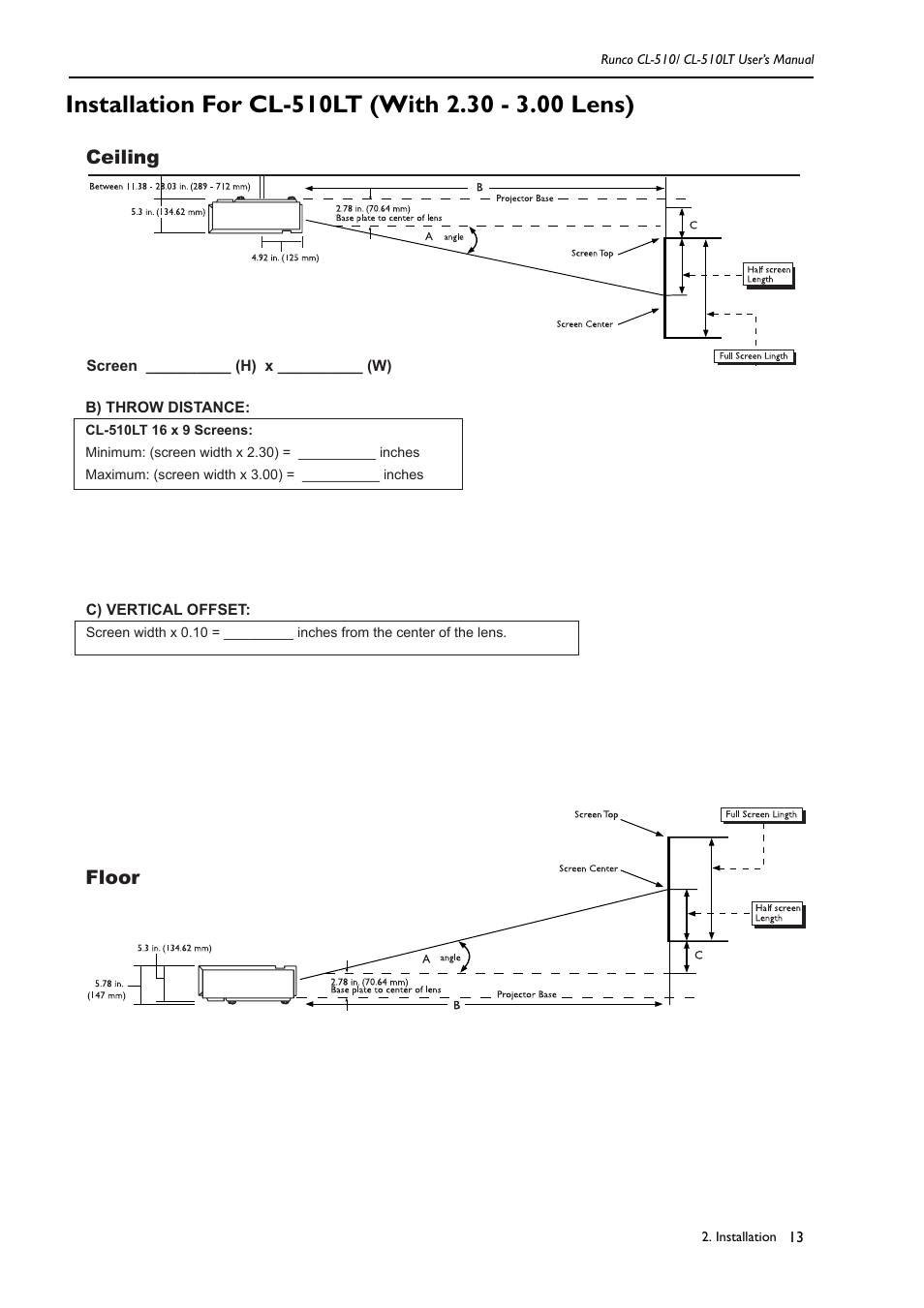 Installation for cl-510lt (with 2.30 - 3.00 lens), Ceiling floor | Runco CL-510LT User Manual | Page 16 / 36