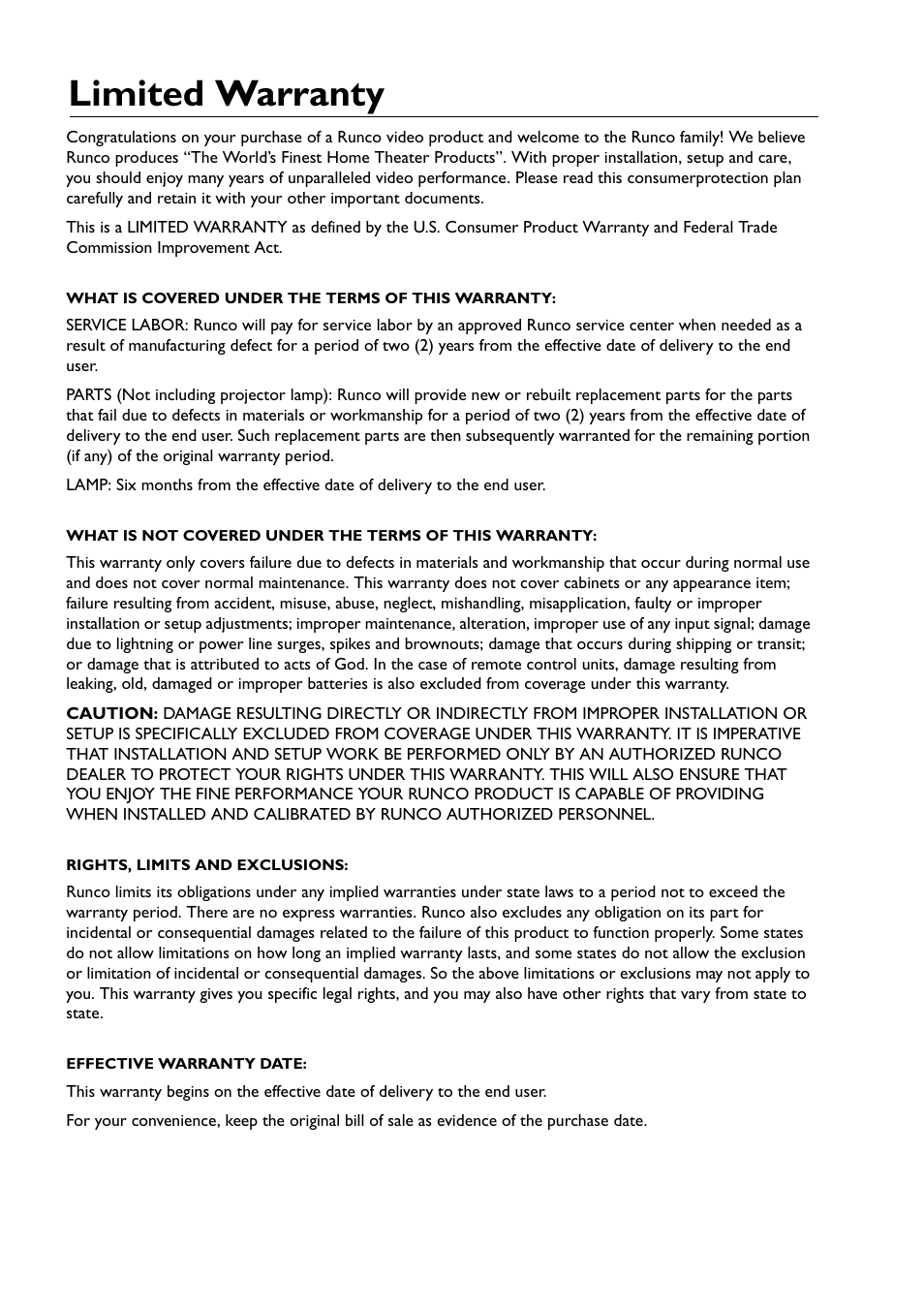 Limited warranty | Runco CL-510LT User Manual | Page 2 / 36