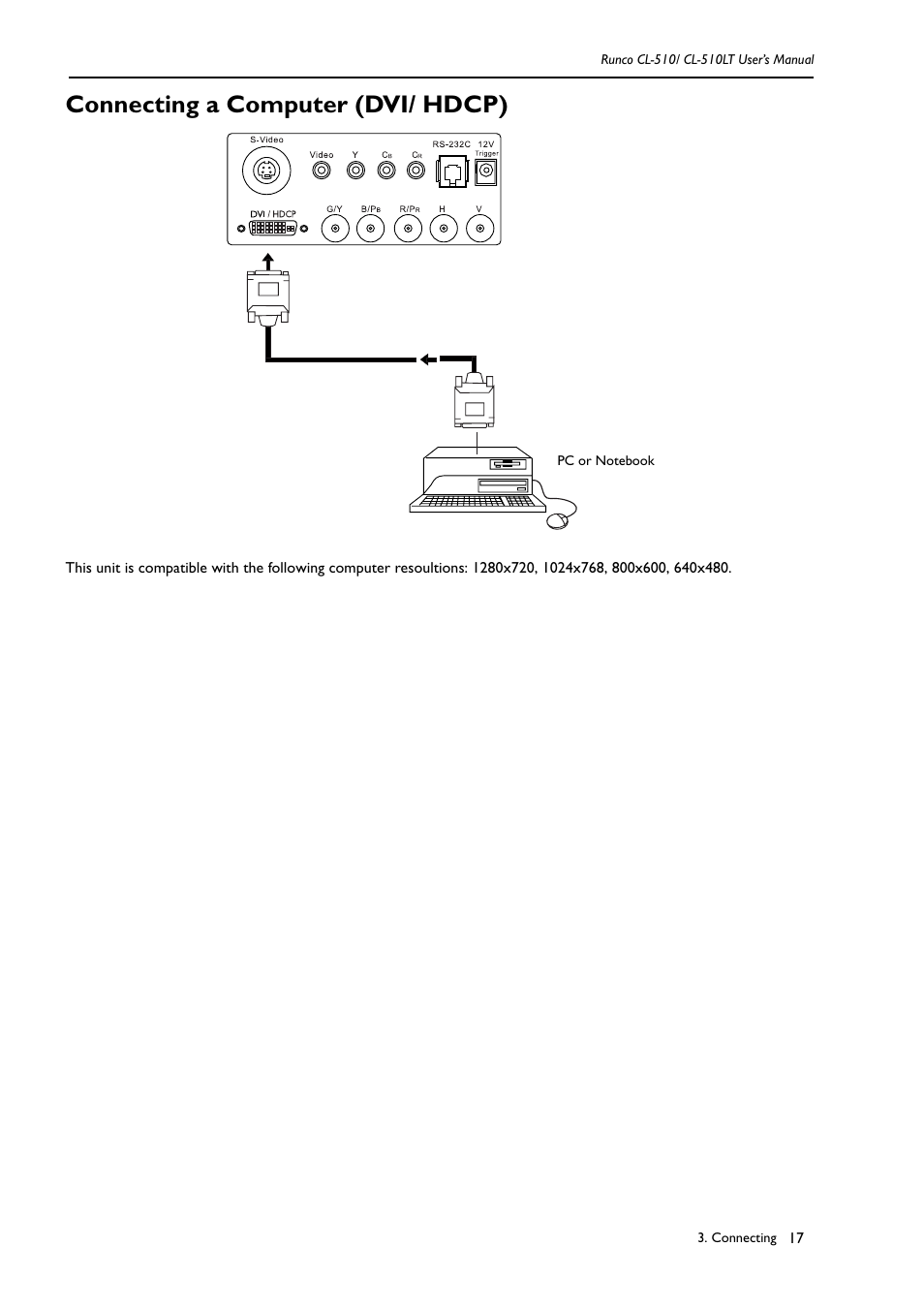 Connecting a computer (dvi/ hdcp) | Runco CL-510LT User Manual | Page 20 / 36